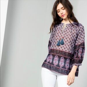 NEW THML Bohemian Floral Paisley 100% Cotton Tassel Detail Blouse Size S